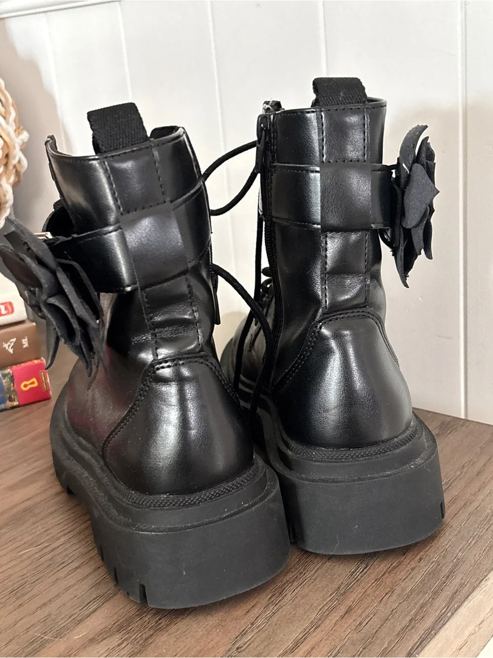 Zara Kids Black Floral Chunky Combat Boots Girl US Size 1 or EU 32